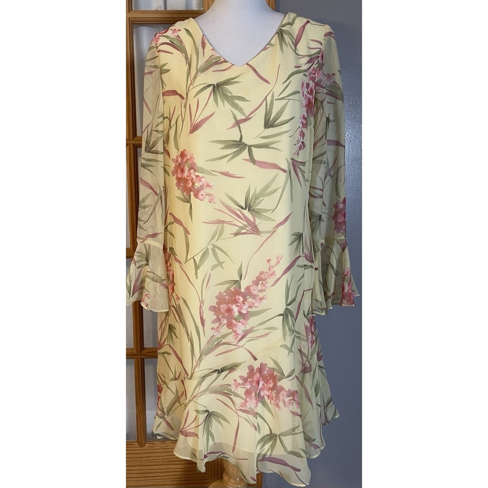 Vtg 80s Virgo Tiered Floral Dress Sz 14 Midi Yellow Pink Bell Sleeve Cottagecore